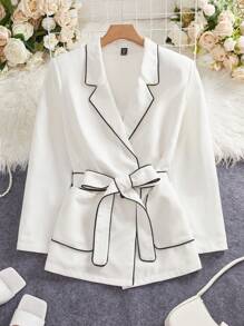 Mulvari Chaqueta de blazer casual de talla grande con cuello vuelto, bloques de color y bolsillos para el otoño