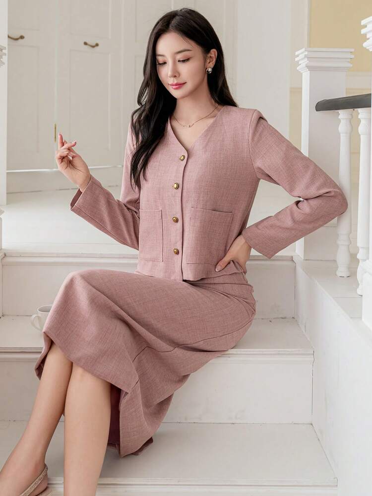 Women Solid Color Jacket & Skirt 2 Pieces Set,Fall Clothes