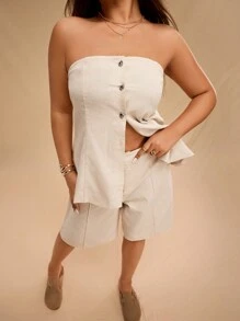 Forever 21 Plus Size 2pcs/Set Khaki Linen Tube Top & Shorts Set - Khaki - View 5