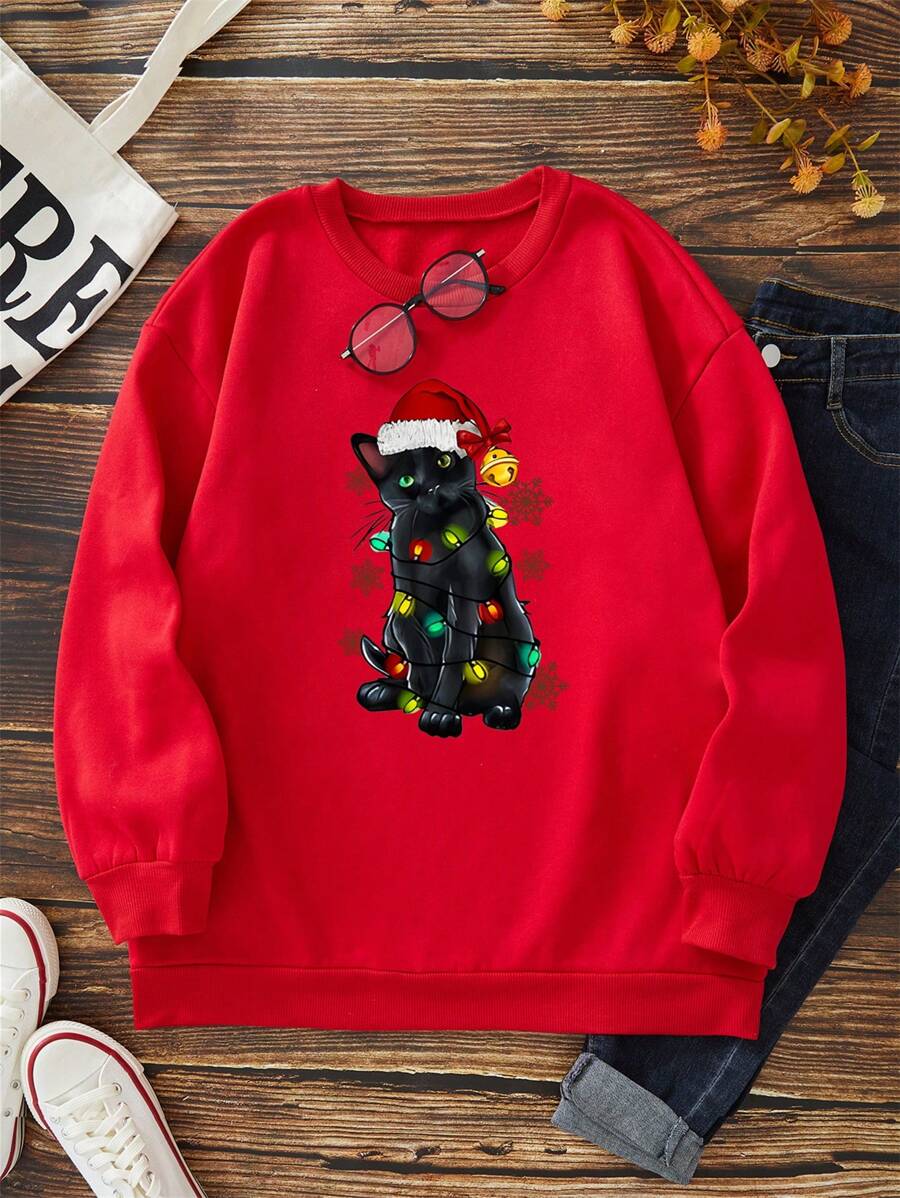 INAWLY 大码女式卡通猫咪印花圆领长袖休闲宽松卫衣，适合秋季穿着。 - 紅色 - 查看 1