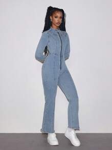 Jeanoix 女士秋季立领拉链半襟长袖休闲流苏喇叭牛仔连体裤 - 藍色 - 查看 5
