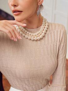 Women's Solid Color Crew Neck Long Sleeve Casual Sweater - Beige - View 3