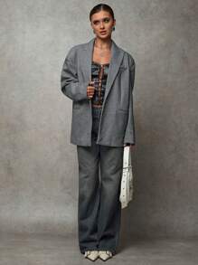 SHEIN BAE Blazer casual de manga larga de solapa de espiguilla de mujer de otoño, de un solo botonadura y holgada