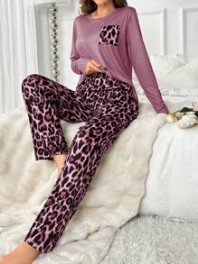 Women Leopard Print Pocket Long Sleeve Top And Pants Pajama Set, Casual