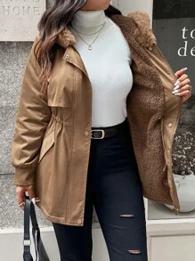 Calvaya Manteau rembourré casual pour femmes grandes tailles à manches longues, taille resserrée par cordon de serrage, doublure thermique, avec capuche pour l'automne et l'hiver