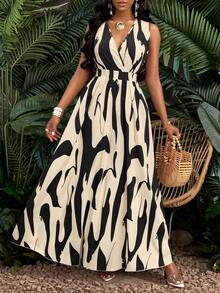 SHEIN Slayr Váy suông cổ chữ V sâu họa tiết nhiệt đới, eo đan dây, dáng xòe - Màu be - Xem 4