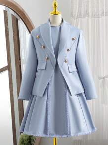 SHEIN Lässiger Tube Rock für Tween Mädchen, gepaart mit eleganter Blazerjacke und kurzärmeligem Kleid, geeignet für Herbst-Winter-Kleidung, Schule, Party, Ausflug - Blau - Übersicht 1