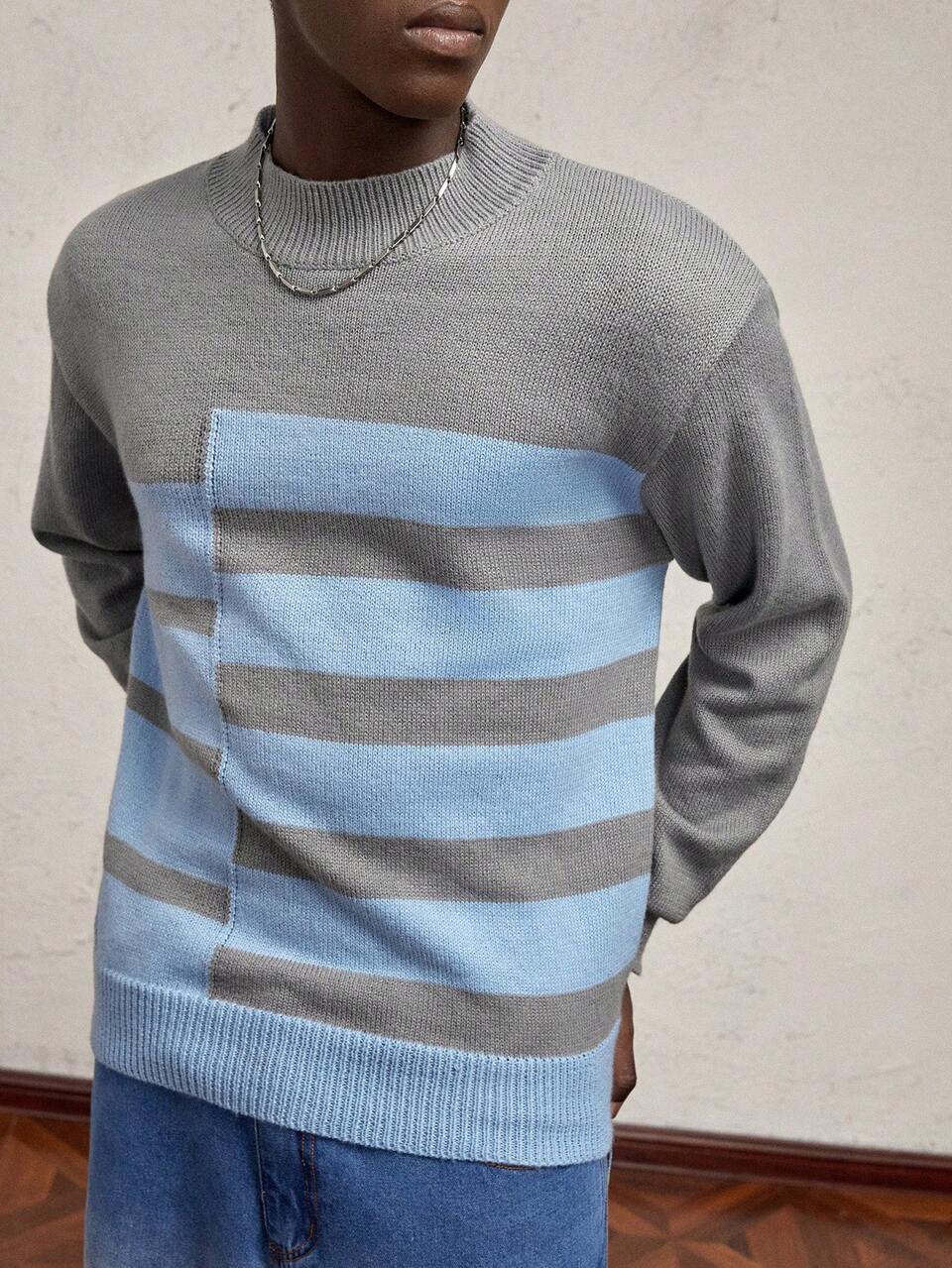 Men's Grey Striped Long Sleeve Sweater,Autumn Casual Work Loose Drop Shoulder Contrast Color Patchwork Asymmetric High Collar Crew Neck Knitwear