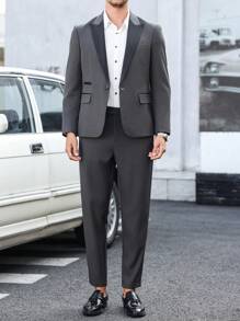 Manfinity Mode Plus Size Men 2pcs/Set Color Block Lapel Jacket And Trousers Suit - Dark Grey - View 5