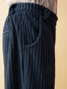 SHEIN Tween Boys Blue Stretch Corduroy Elastic Waist Loose Fit Wide Leg Casual Pants, Suitable For Autumn/Winter
