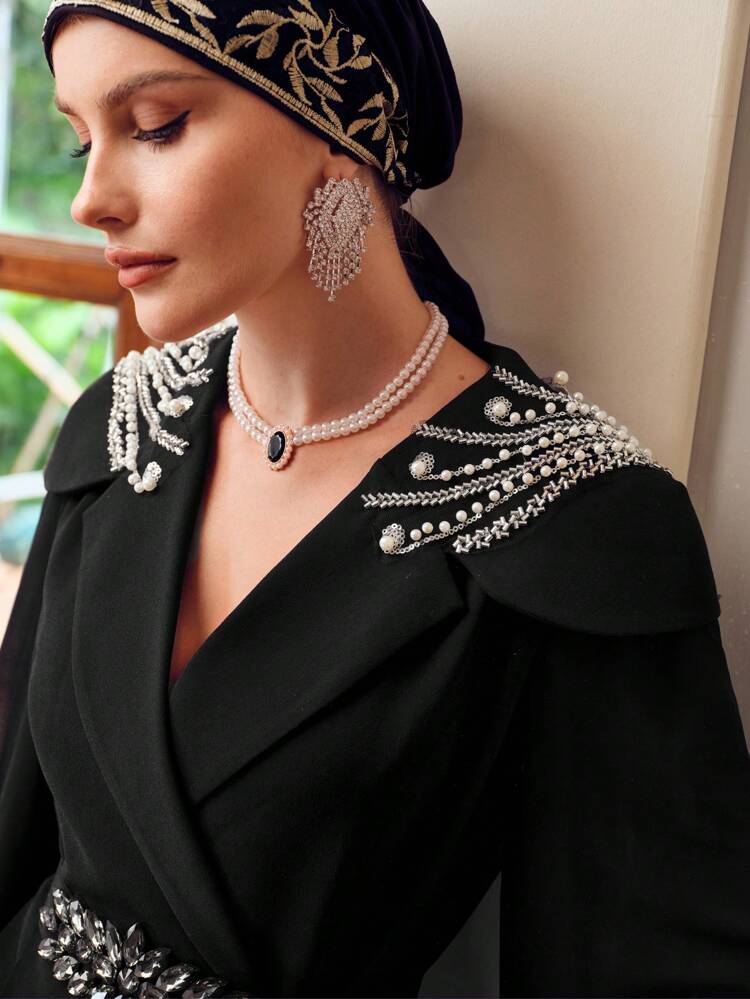 ZEYLAH FAUX PEARL AND BEADED DETAIL WATERFALL COLLAR LANTERN SLEEVE BLOUSE