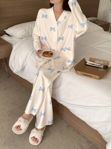 DAZY Winter Striped Textured Cute Bow Pattern Print Cardigan Pajamas Set,Back To School Clothes - Beige - View 5