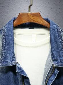Manfinity Homme Plus Size Men's Vintage Washed Mid-Blue Casual Denim Jacket - Teal Blue - View 9