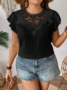 SHEIN Privé 大尺碼女士夏季刺繡領口短袖精美鬆身透氣襯衫