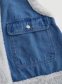 SHEIN MOD 大码牛仔夹克，短款，休闲马甲，毛茸茸拼布，蓝色，适合日常穿着