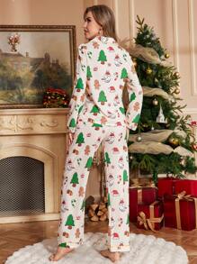 Christmas Pattern Print Lapel Long Sleeve Top & Pants Pajama Set Gingerbread Pajamas - Multicolor - View 2