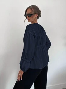 Siren Gaze Áo cánh dài tay buộc eo xếp ly cổ chữ V mới cho nữ màu trắng - Màu xanh hải quân - Xem 2