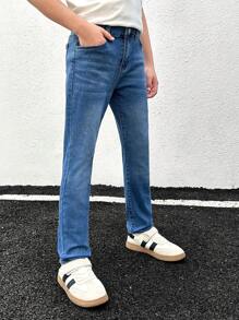 SHEIN Tween Boy Cat Whisker Bleach Wash Jeans - Medium Wash - View 3