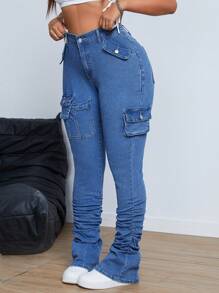 SHEIN ICON Pantalones vaqueros de cargo de diseño sencillo con botones delanteros y bolsillos, ropa casual de uso diario de talla grande - Azul lavado oscuro - Ver 6