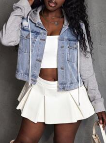 SHEIN Slayr Women Casual Denim Jacket With Pocket, Drawstring Hooded Patchwork - Blue - View 1