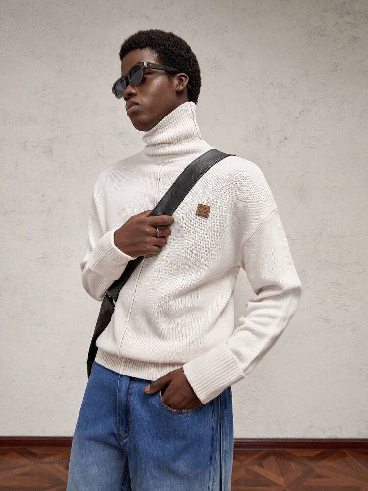 Men's Loose Drop Shoulder Casual Turtleneck Knitted Sweater, For Fall Winter