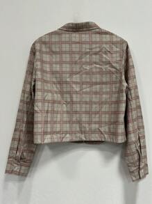 INAWLY 女式休闲格子前拉链短夹克，带口袋，适合秋季 - 杏色 - 查看 2