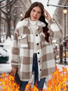 SHEIN LUNE Plus Size Fuzzy Plaid Printed Front Button Long Sleeve Plus Size Jacket Fleece Winter Clothes - Multicolor - View 1