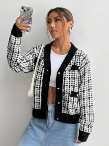 Flirla Cárdigan ancho informal de una hilera con manga larga a cuadros, otoño/invierno para mujer