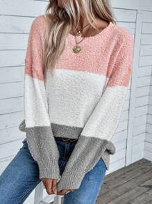 Chiquease Women's Contrast Color Dropped Shoulder Sweater, Knit Pullover Fall Winter - Multicolor - View 1