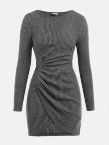 SHEIN Girlism Robe mini grise chiné foncée asymétrique à côtes tricotées et volants à l'ourlet, pour adolescentes, pour l'automne/hiver