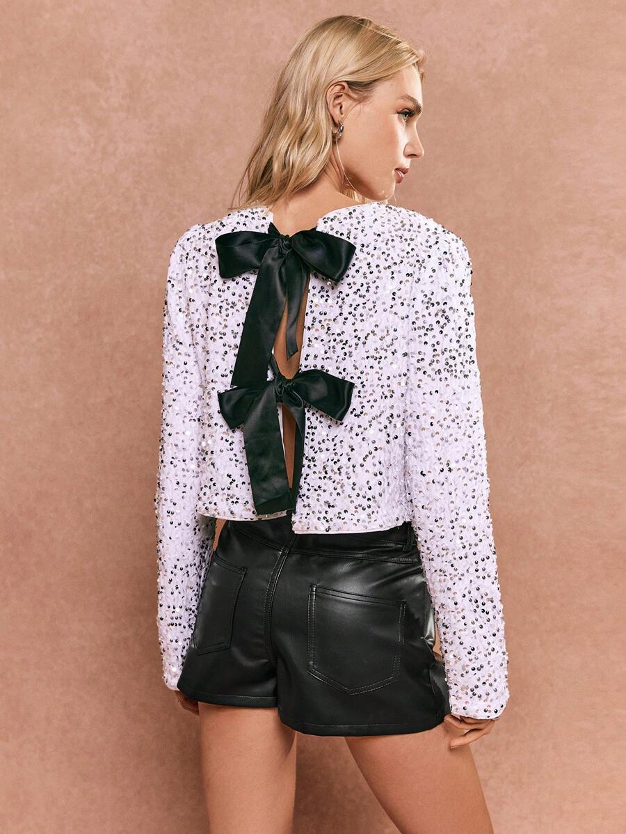 Poéselle Biały kardigan z cekinami, można nosić obie strony, damska kokarda dekoracyjna z cekinami z długim rękawem, krótka elegancka regularna kurtka, jesień zima 24 FW, jesienne stroje damskie, stroje klubowe dla kobiet, strój na koncert dla kobiet, biały długi rękaw, sukienki imprezowe dla kobiet, odpowiednie na co dzień na ulicy, imprezę, bankiet i inne okazje do noszenia