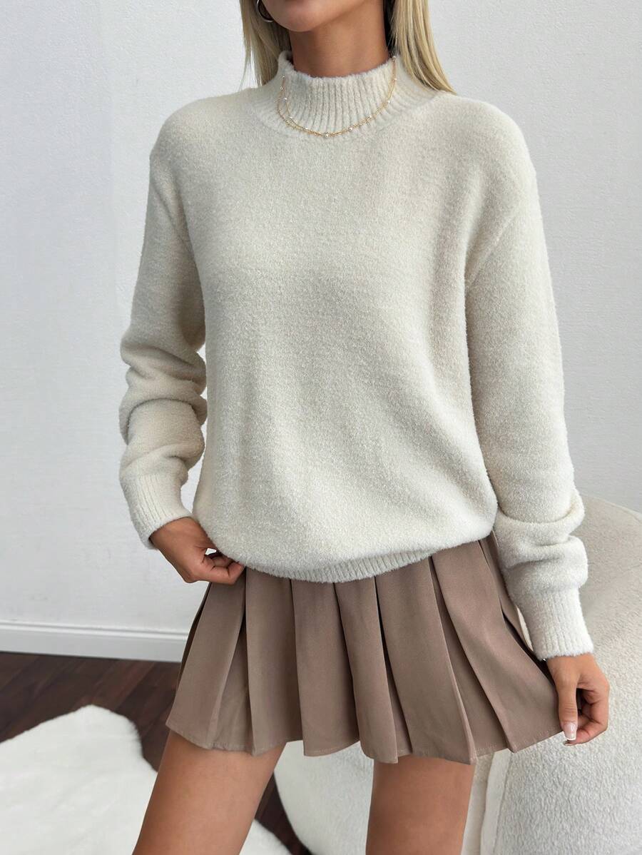 Women Hairy Yarn High Neck Drop Shoulder Loose Fit Sweater Pullover