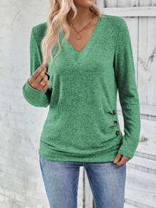 EMERY ROSE Women's Solid Color V-Neck Long Sleeve Pleated Button Design Casual T-Shirt, Fall & Winter - Green - View 5