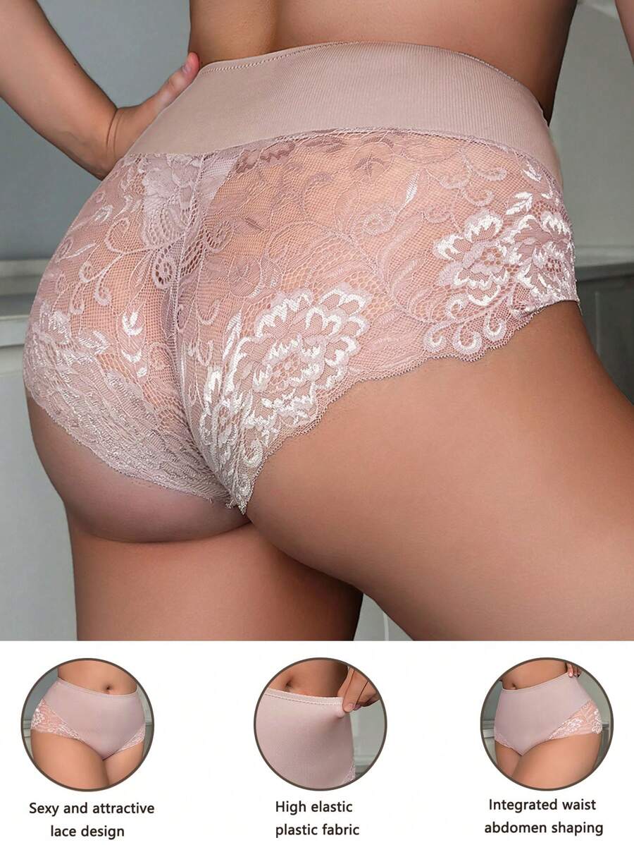 大码女式蕾丝拼接塑身衣高腰瘦身裤 - 杏色 - 查看 1