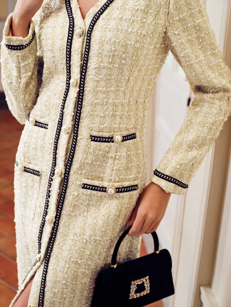 ZEYLAH TWEED CONTRAST TAPE TRIM PATCH POCKET SPLIT HEM LONG DRESS