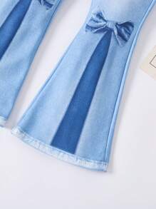 SHEIN 2 件套年轻女孩休闲纯色泡泡袖上衣和喇叭袖套装，秋季年轻女孩女孩装蓝色女孩喇叭裤套装 - 彩色 - 查看 5