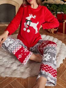 Christmas Reindeer & Snowflake Print Flannel Pajama Set For Women, Fall/Winter Clothes, Fluffy Cozy - Red - View 6