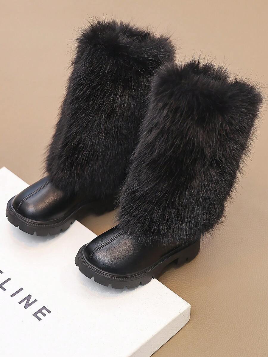 Children's Fashionable Fluffy High-Rim Boots - Black - View 1