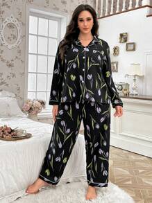 CottageSlumber Plus Size Floral Print Button Front Collared Top & Pants Sleepwear Set, Cozy And Elegant Details, Fall Winter Clothes - Black - View 6