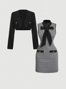 SHEIN MOD Elegante conjunto casual de traje de oficina: vestido y chaqueta, conjunto de dos piezas para otoño, chaquetas de mujer para otoño, vestimenta casual de negocios para mujer, vestido formal, conjunto de dos piezas para mujer sexy de oficina, atuendo de estilo "vieja riqueza" para maestras