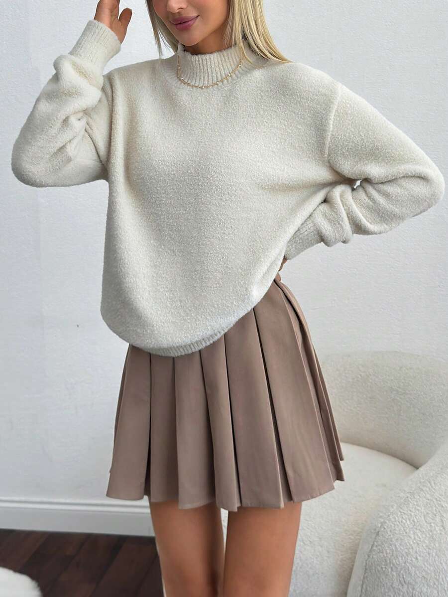 Women Hairy Yarn High Neck Drop Shoulder Loose Fit Sweater Pullover