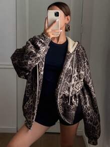 DAZY 女士花卉印花宽松连帽拉链抓绒外套，猎豹纹印花，秋季女装豹纹印花