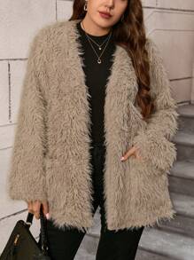 SHEIN LUNE 大码休闲复古前开襟双口袋毛绒外套，适合秋冬季感恩节/女士机场旅行/万圣节假日穿着 - 駝色 - 查看 1