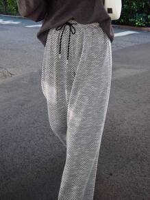 FRIFUL Women's Casual Color Block Striped Drawstring Waist Wide Leg Pants - Black - View 7