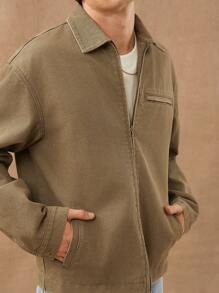 Men Premium Cotton Denim Zip Up Jacket - Brown - View 2