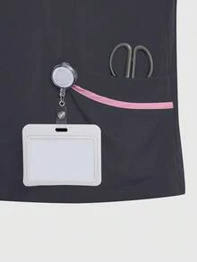 SHEIN TaskFit Women Color Block Trim Short Sleeve Top, Scrub Tops,Women's V-Neck Multi-Pocket Work Uniform Coat Tops, Women's Health Examination Surgical Uniforms, Pet Grooming, Dental Masseur Clothing, Studio Fashion Women's Work Uniforms, Nutritionist Work Clothes, Laboratory Work Clothes, Women's Tops, Multi-Pocket Functional Work Clothes, Tops With Buttons On The Collar For Easy Wearing And Taking Off, Functional Women's Clothing For Christmas, New Year And Valentine's Day, Winter And Spring Women's Clothing - Grey - View 3
