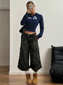 StreetHx Women's Letter Print Hooded Zipper Front Long Sleeve Sweatshirt With Pockets,Graduation,Teacher,Back To School Pullover Fall - Navy Blue - View 3