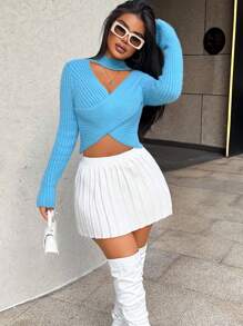 Zolique 新款性感修身休闲蓝色交叉长袖女式针织套头衫，秋冬款 - 藍色 - 查看 1