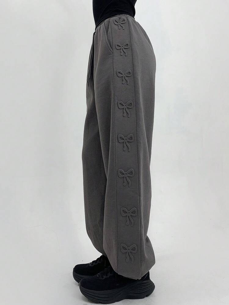 Thermal Lined Loose Fit Steel Stamped Bowknot Women's Sweatpants, Thermal Lined Fall,Winter Women Joggers