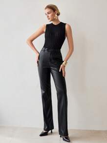 MOTF PREMIUM PU 皮革前缝直筒西裤 - 黑色 - 查看 4